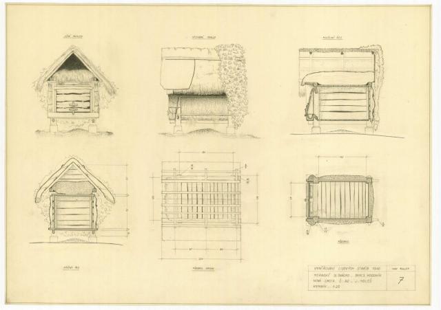 Sketches created by Ivan Ruller during his studies at the school in 1946, who later served as the dean of the Faculty of Architecture at BUT in the 1990s. | Autor: Kurial's archive of folk buildings, Hodonín – H22 Nová Lhota 92, by Ivan Ruller, 1946.