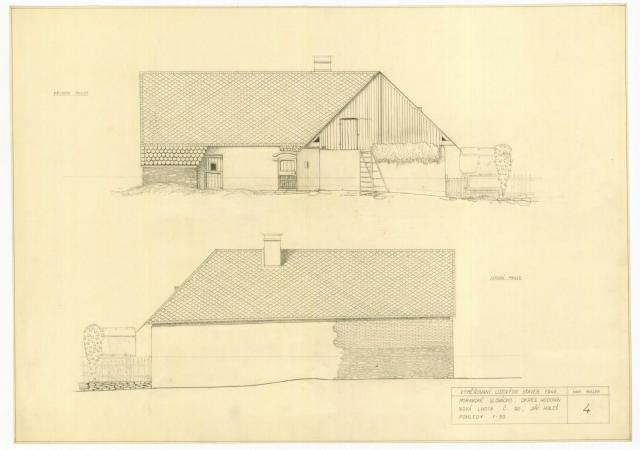 Sketches created by Ivan Ruller during his studies at the school in 1946, who later served as the dean of the Faculty of Architecture at BUT in the 1990s. | Autor: Kurial's archive of folk buildings, Hodonín – H22 Nová Lhota 92, by Ivan Ruller, 1946.